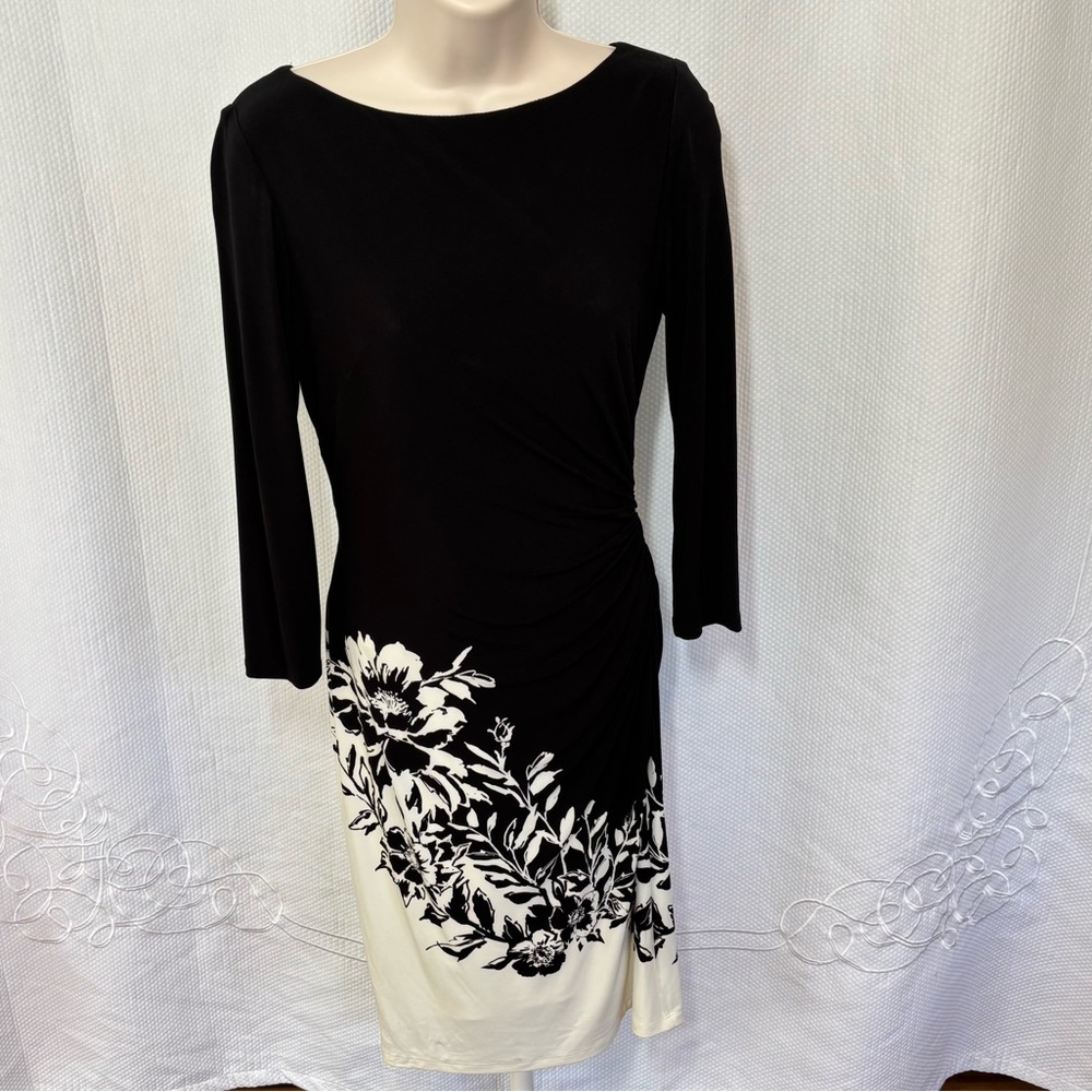 Ralph Lauren Black and White Floral Long Sleeve Midi Dress size 2P
